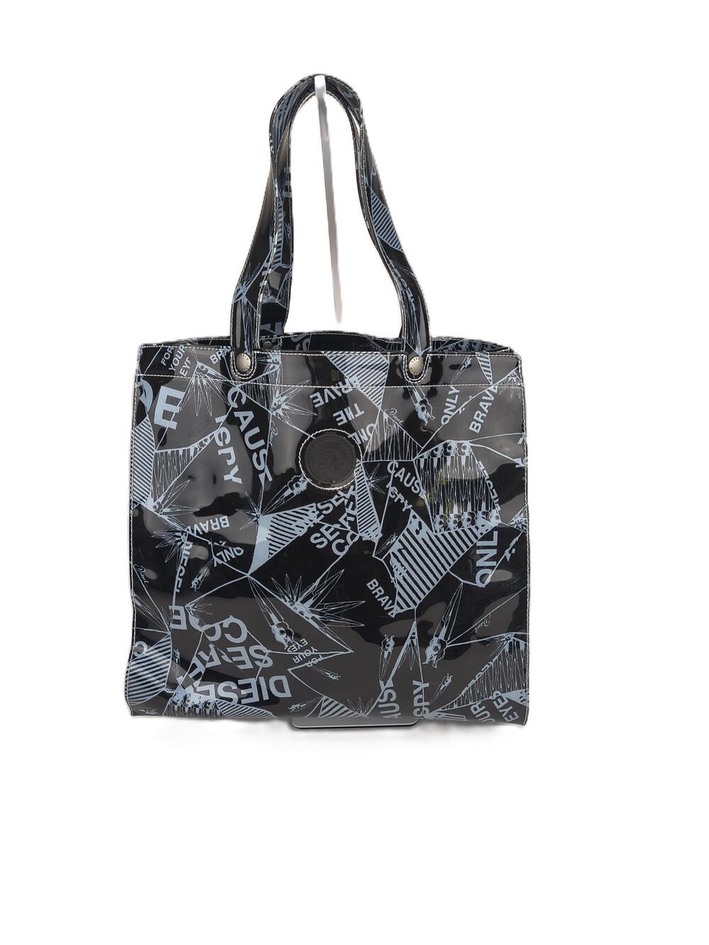 Diesel Black Patent / Coated Canvas Printed Graphic Logo Shopper Tote Bag